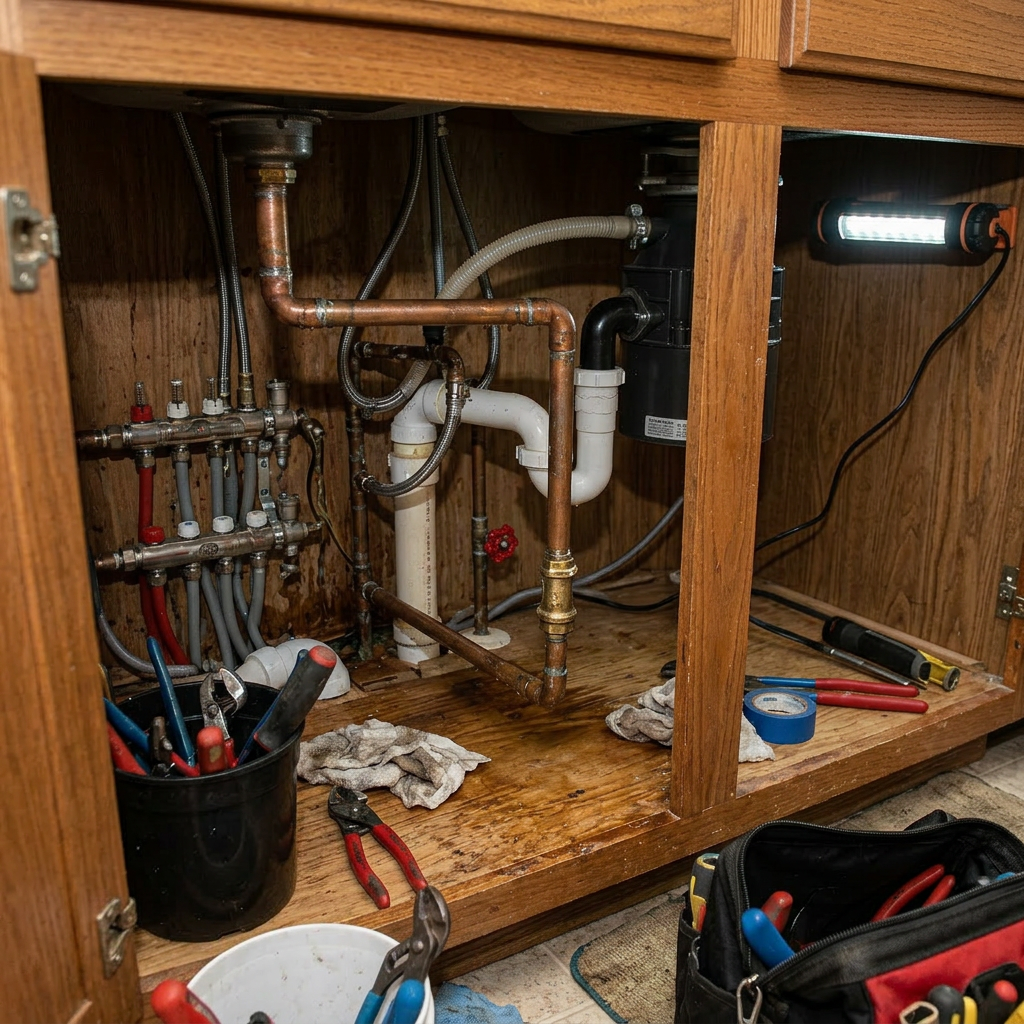 Loodgieter met handschoenen en veiligheidsbril aan het werk aan de leidingen van een keukenspoelbak